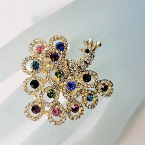PEACOCK Ring Multicolor Crystals Stretch Band Ring - Picture 2 of 13